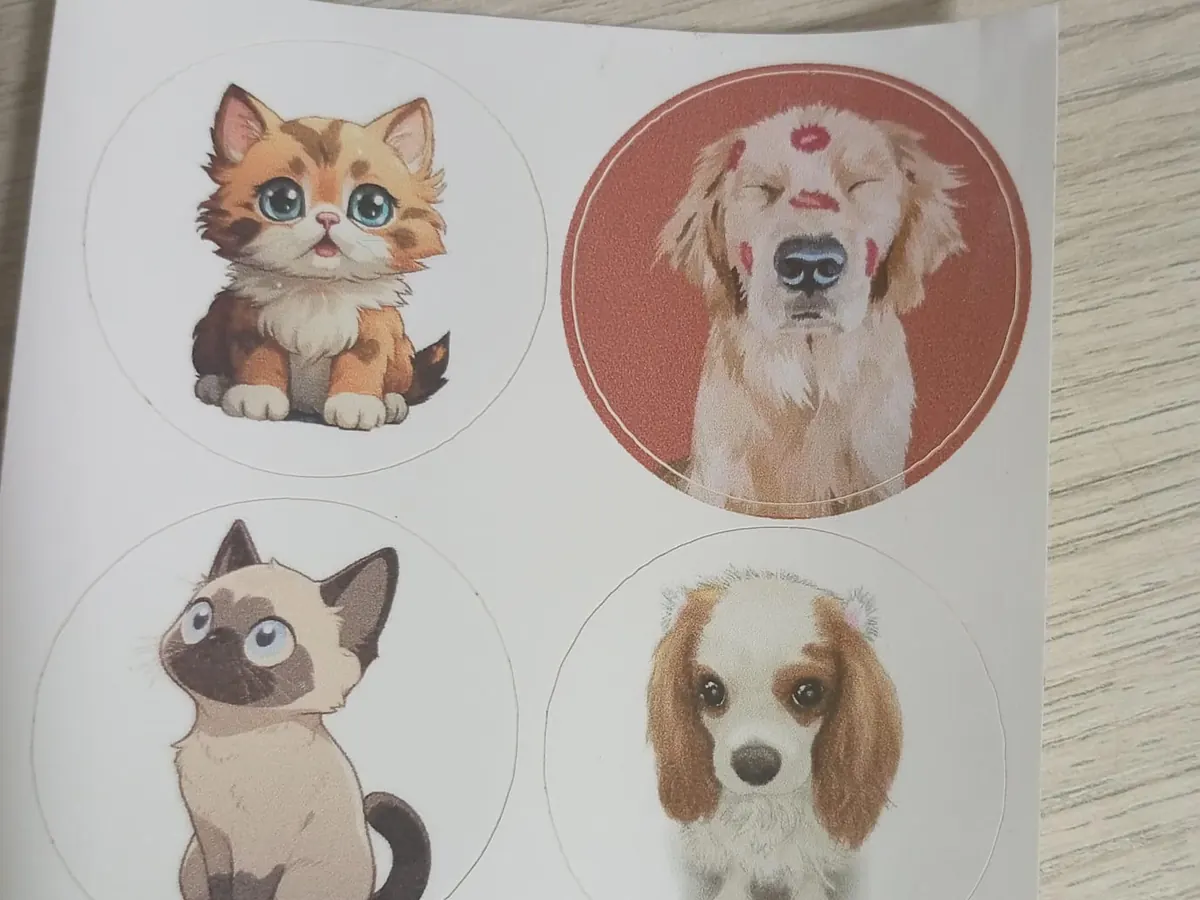 Hoja de stickers redondos impresos a color con ilustraciones de gatos y perros